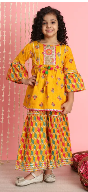 Girls Yellow Floral Printed Top and Sharara Set with Bell Sleeves