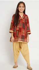 Girls Rust Ethnic Print Kurta and Beige Patiala Set