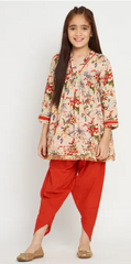 Girls Beige Floral Print Kurta and Red Patiala Set