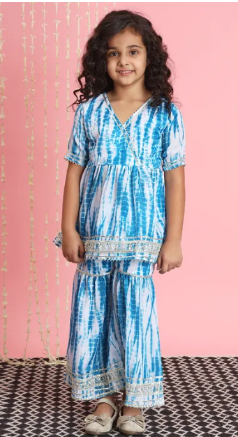 Girls Blue Tie-Dye Peplum Top and Sharara Set with Lace Detailing