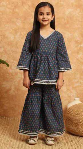 Girls Navy Blue Printed Kurta and Sharara Set with Lace Border