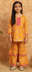 Girls Mustard Yellow Printed Kurta with Tiered Sharara Set