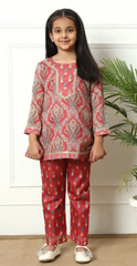 Girls Red & Grey Printed Kurta and Pant Set