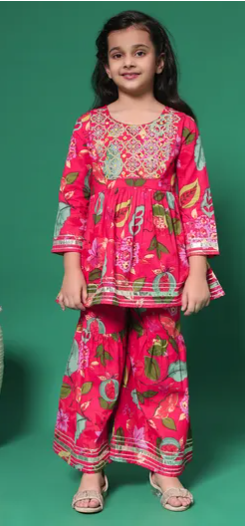 Floral Printed Kurta & Sharara Set – Bright Pink Festive Wear