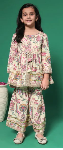 Cream Floral Kurta & Sharara Set – Elegant Festive Ensemble