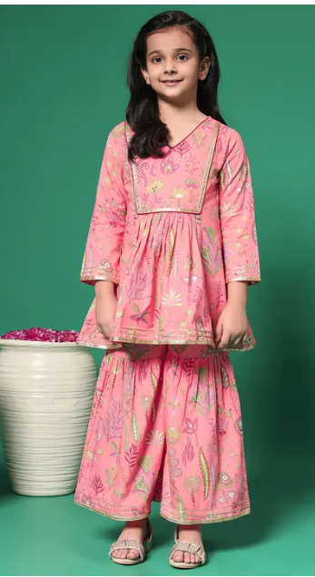 Peach Pink Kurta & Sharara Set – Floral Embroidered Festive Wear