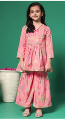 Peach Pink Kurta & Sharara Set – Floral Embroidered Festive Wear