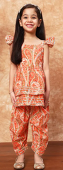 Orange Bandhani-Style Dhoti Set – Sleeveless Top with Bow Straps