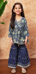 Indigo & Green Wrap Kurta Sharara Set – Traditional Block Print