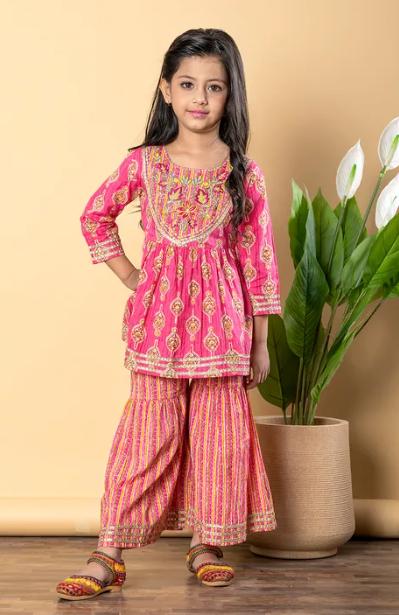 Pink Orange Printed Kurta Sharara Set – Embroidered Neckline