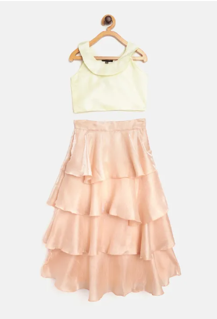 Pastel Crop Top & Layered Net Skirt Set – Party Wear Ensemble