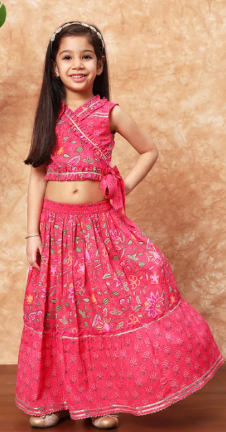 Pink Embroidered Lehenga Choli Set with Wrap Style Top