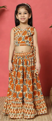Mustard Floral Lehenga Choli Set with Wrap Style Top
