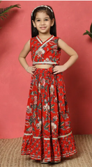 Red Floral Lehenga Choli Set Wrap Style Sleeveless Design
