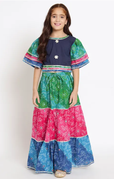 Bandhani Multi-Tiered Lehenga Choli Printed Patchwork Style