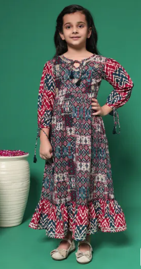 Maroon Teal Printed Cotton Maxi Dress with Tassel Tie Waist