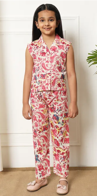 Sleeveless Pink White Floral Cotton Coord Set