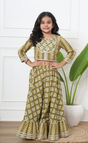 Sibling Twinning Set Olive Green Ethnic Kurta & Gharara Set for Girls and Boy