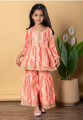 Coral Harmony Sibling Twinning Set Ethnic Ikat-Inspired Kurta & Sharara Combo