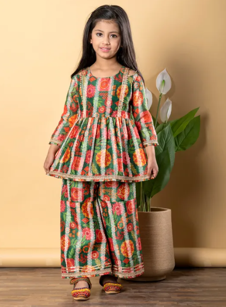 Festive Mosaic Sibling Twinning Set Vibrant Kurta & Sharara Combo