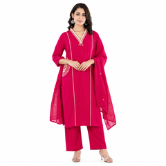 Elegant Fuchsia Pink V-Neck Kurta Set