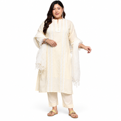 Stylish Ivory Lace-Detail Kurta Pant Set with Dupatta