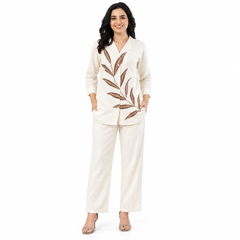 Elegant Ivory Leaf Print Co-Ord Set