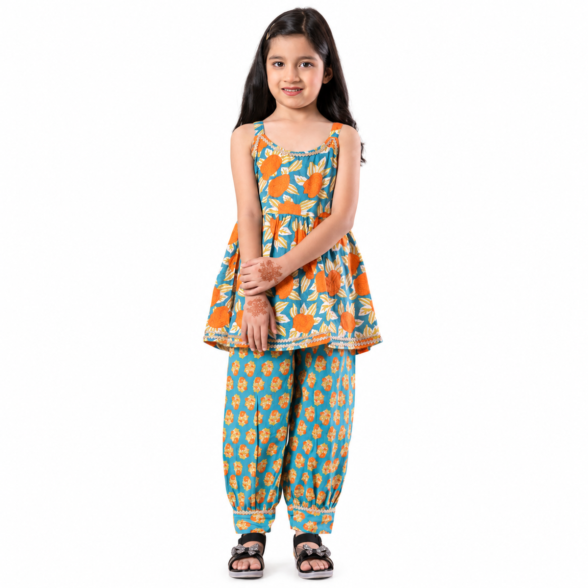 Turquoise Blue Floral Top & Dhoti Pant Set