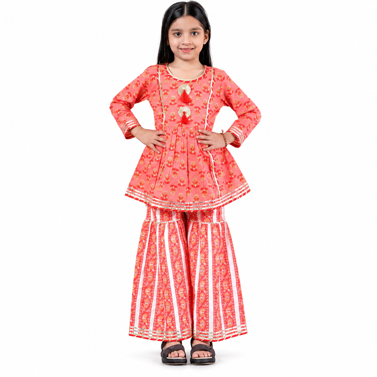 Coral Pink Printed Peplum Kurti & Sharara Set