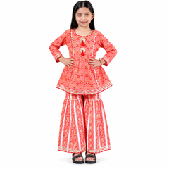 Coral Pink Printed Peplum Kurti & Sharara Set