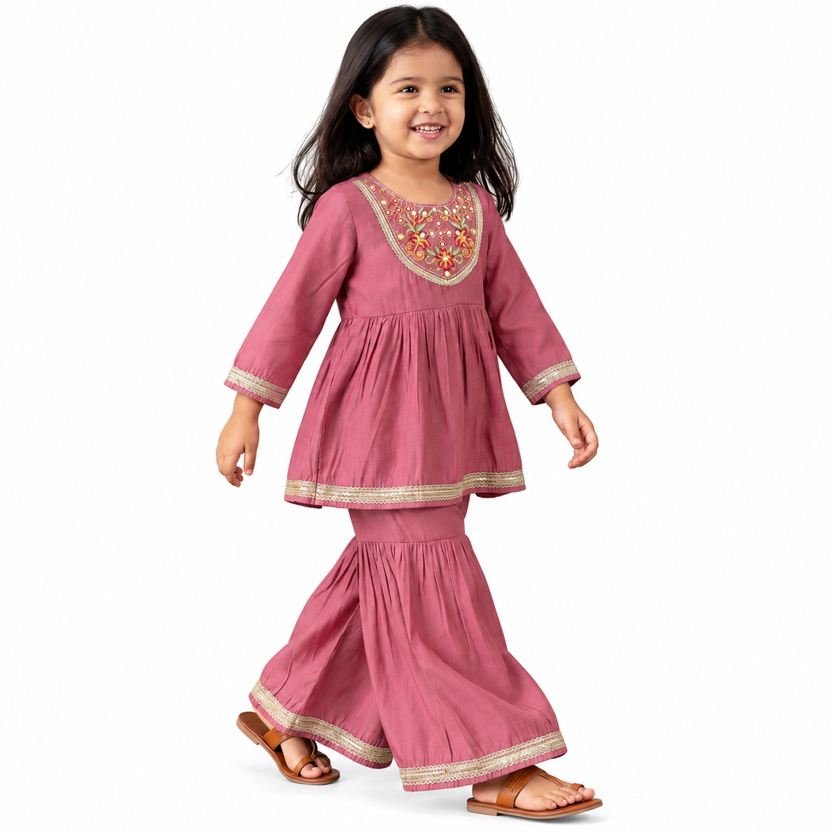 Dusty Rose Embroidered Kurti & Sharara Set