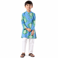 Sky Blue & Green Ethnic Print Kurta Pajama Set