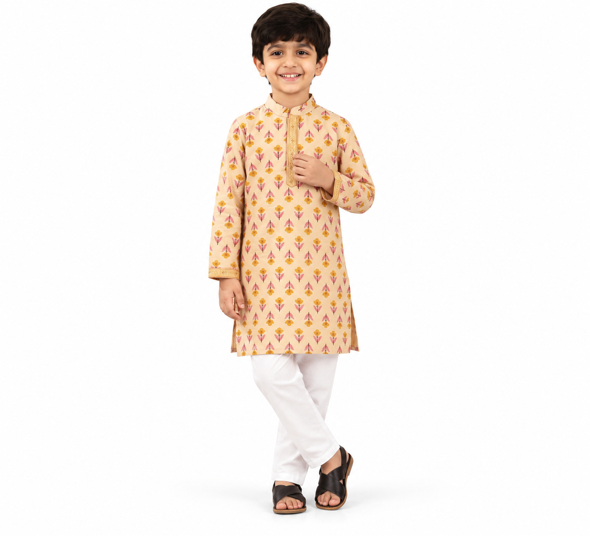 Ivory Floral Print Kurta Pajama Set