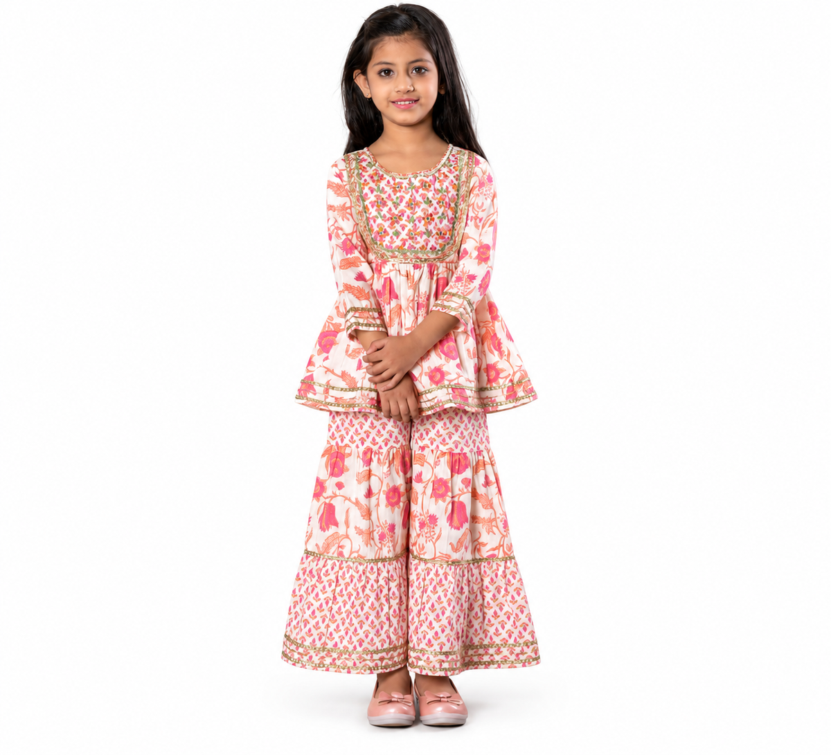 Ivory Blossom Floral Peplum Kurti & Sharara Set