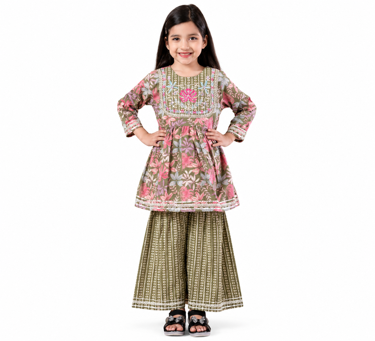 Olive Floral Peplum Kurti & Sharara Set