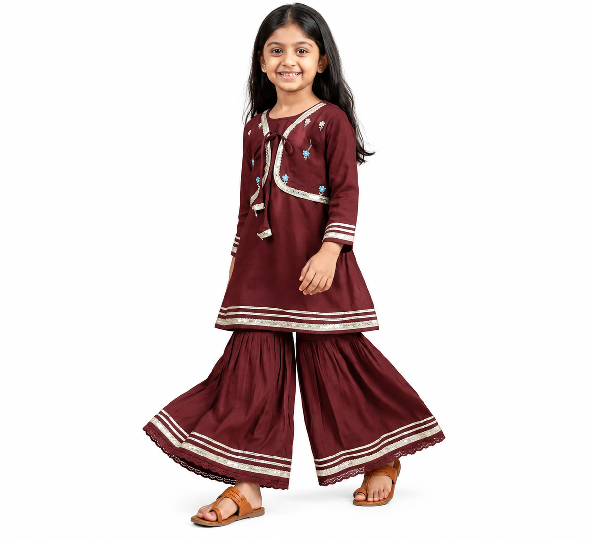 Burgundy Jacket-Style Kurti & Sharara Set