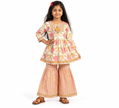 Ivory Rose Floral Peplum Kurti & Striped Sharara Set