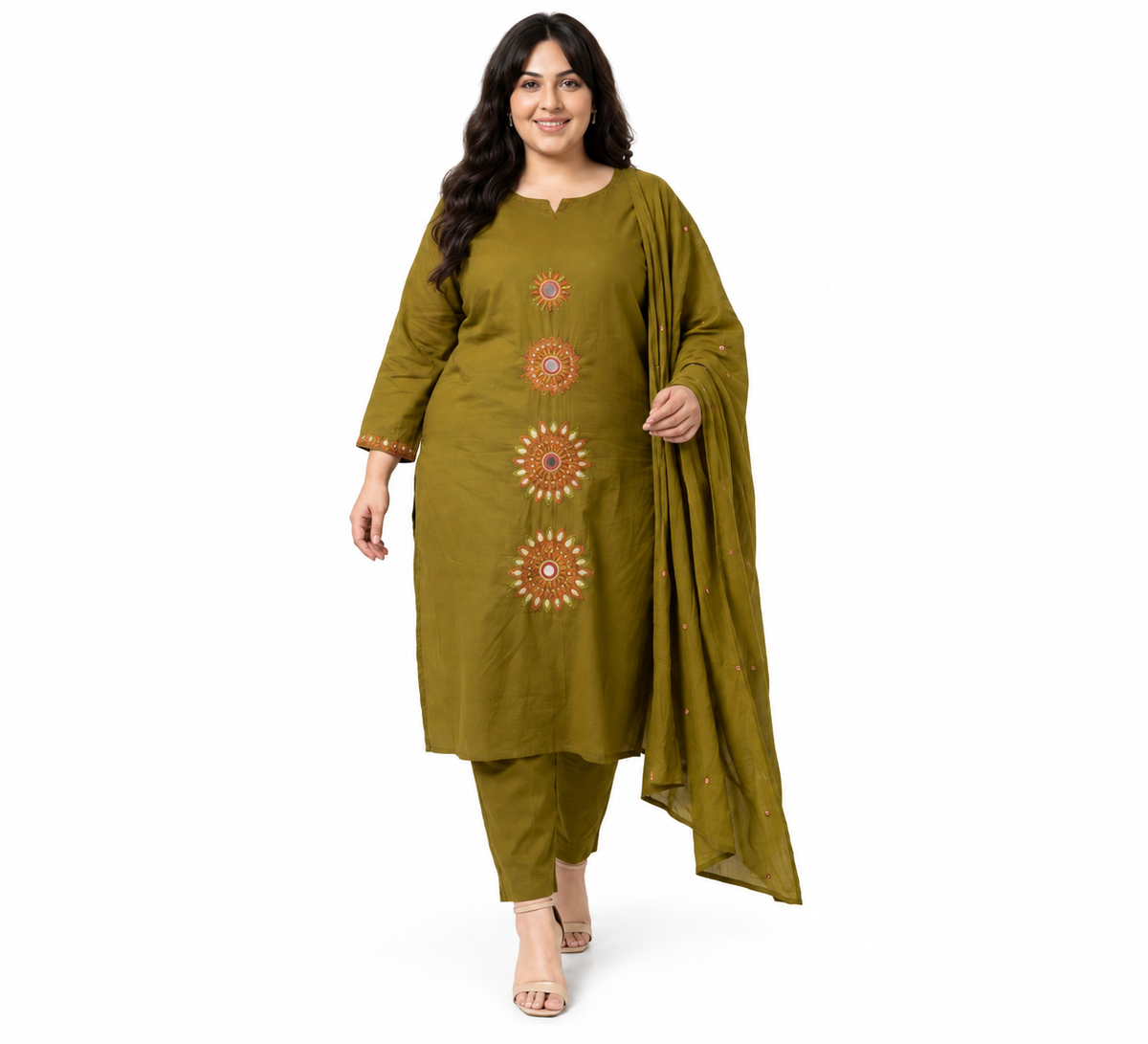 Olive Radiance Cotton Kurta Set with Dupatta