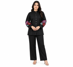 Black Floral Embroidered Flex Cotton Co-Ord Set