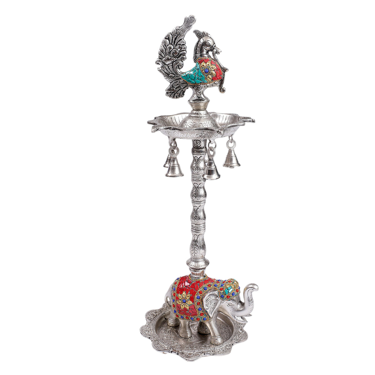 Silver Peacock & Elephant Meenakari Diya Stand