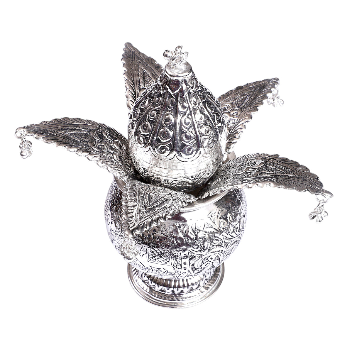 Silver Elephant Kalash with Lotus and Hanging Crystal Accents