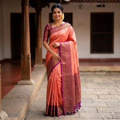 Classic Orange & Purple Pure Kanjeevaram Silk Saree