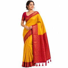 Vibrant Pink & Mustard Yellow Kanjeevaram Silk Saree