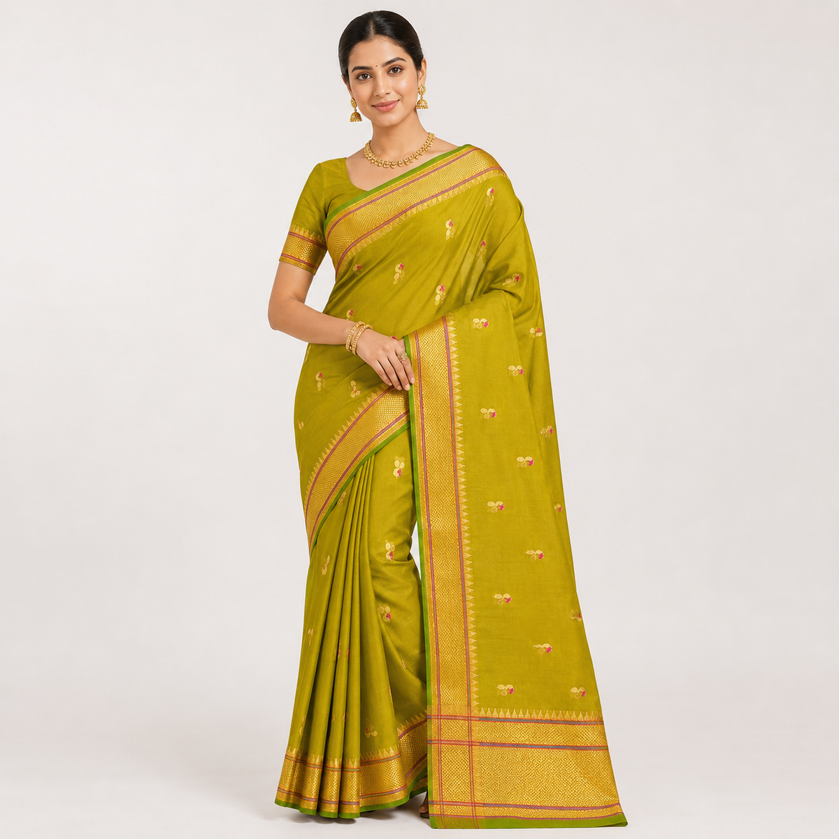 Olive Green Paithani Saree with Gold and Pink Peacock Bhutta