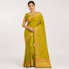 Olive Green Paithani Saree with Gold and Pink Peacock Bhutta