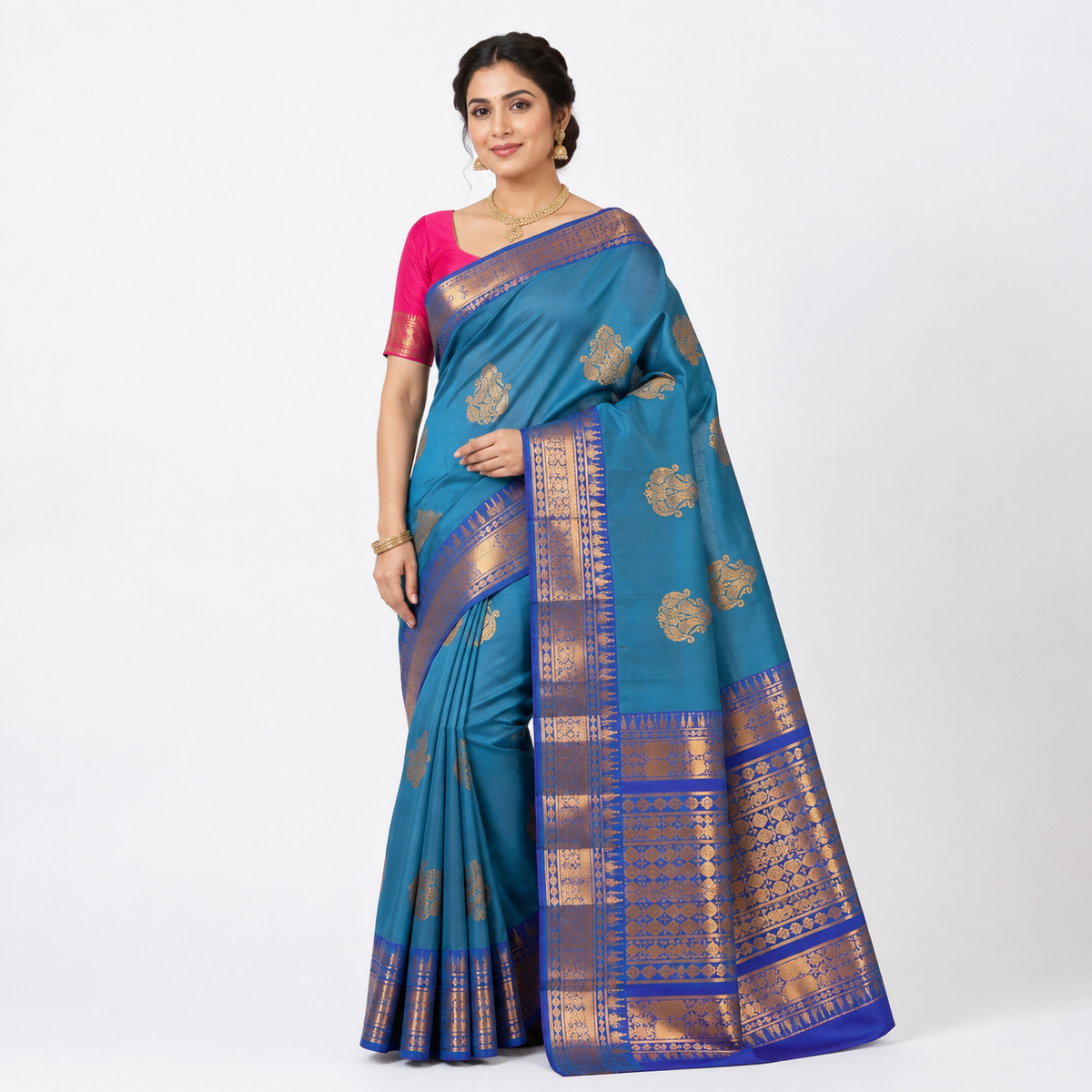 Elegant Blue Gadwal Silk Saree with Gold Border