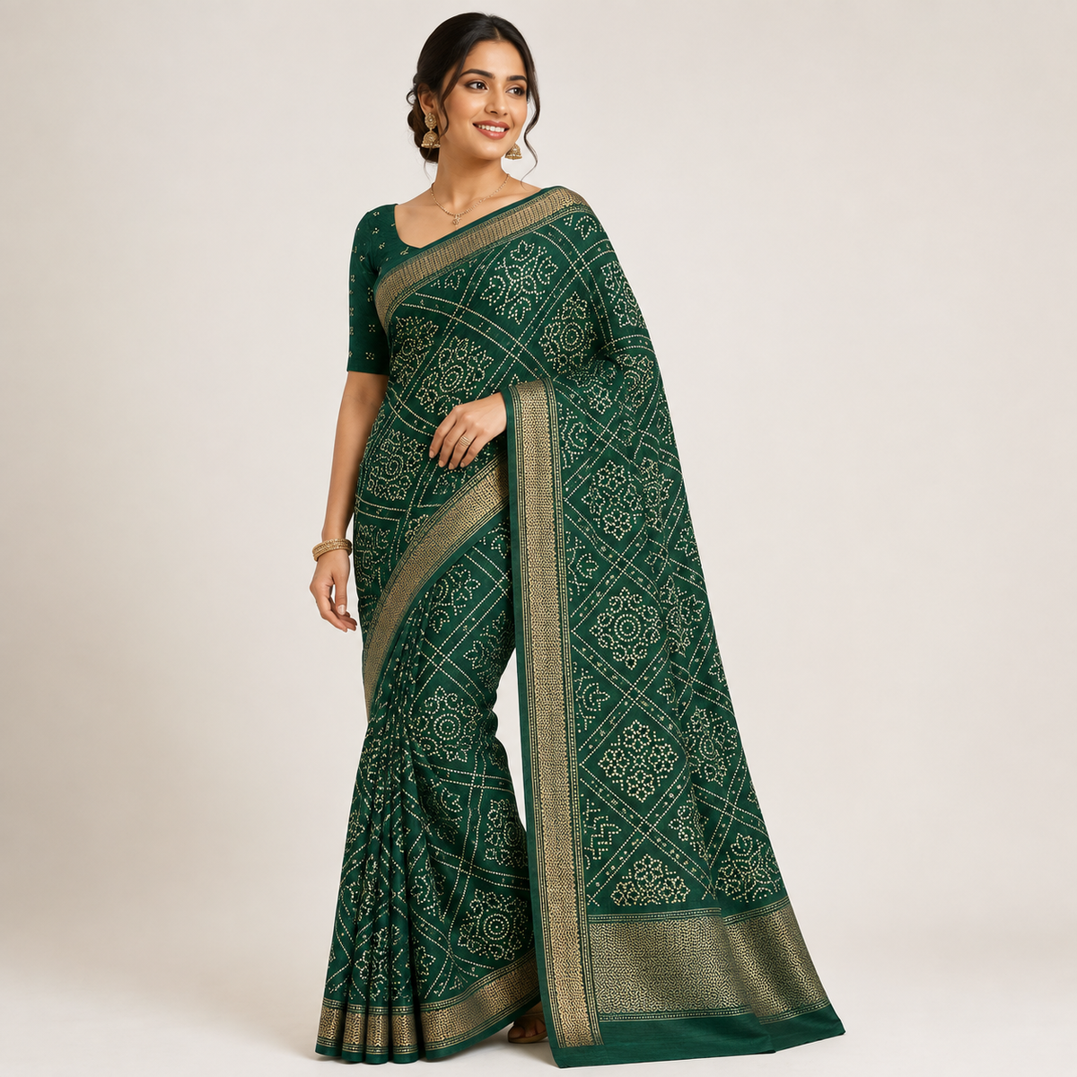 Elegant Green Crepe Chiffon Bandhani Saree with Silver Border
