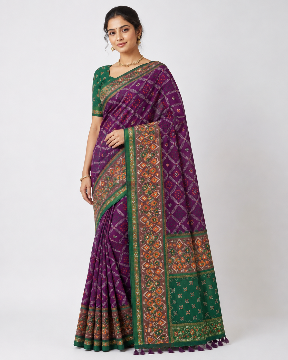 Royal Purple Patan Patola Saree with Green Borber