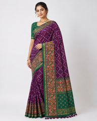 Royal Purple Patan Patola Saree with Green Borber