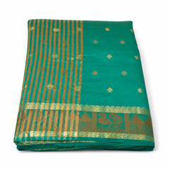 Dark Green Bangalore Silk Saree with Gold Peacock Border & Motifs